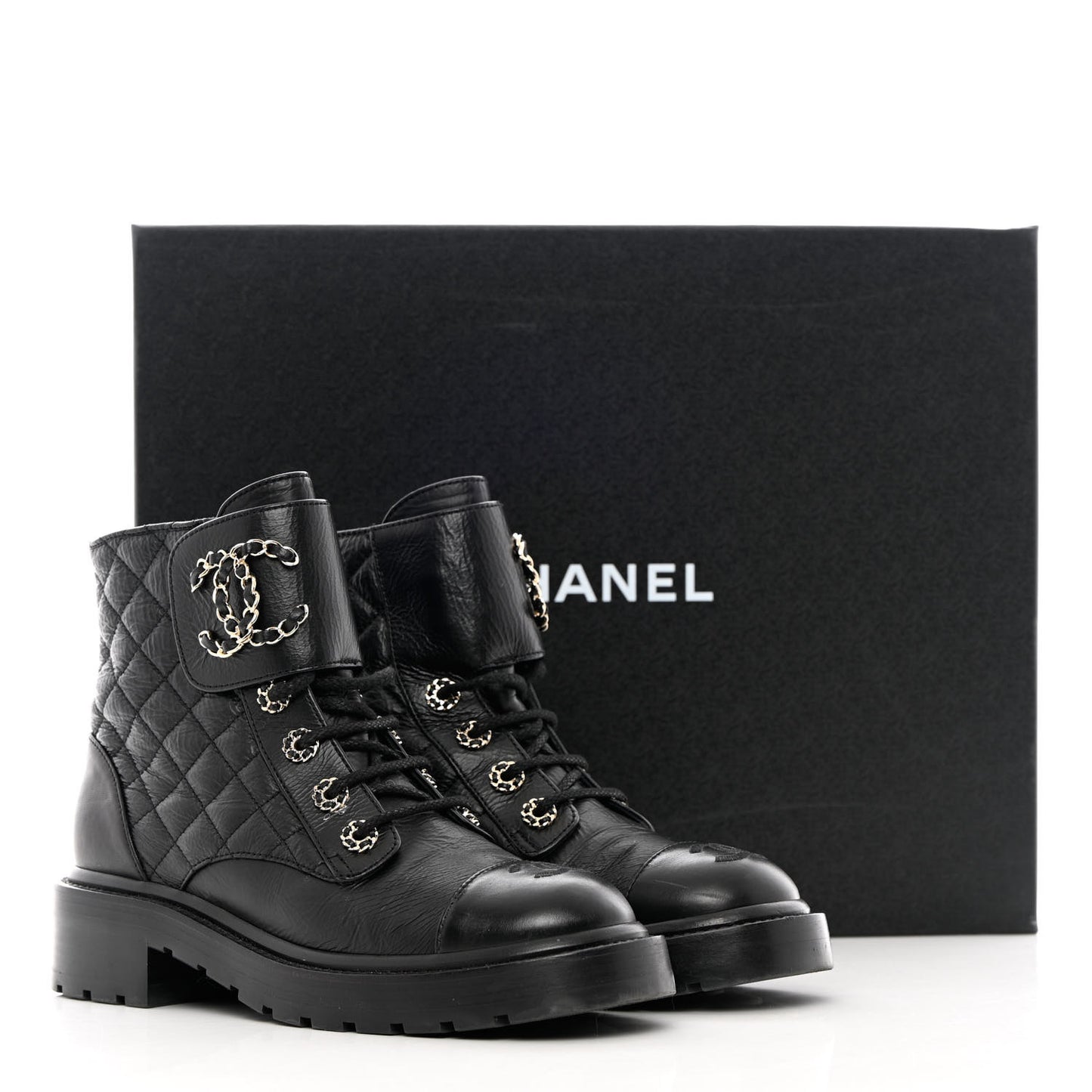 Shiny Calfskin Quilted Lace Up Combat Boots 37 Black