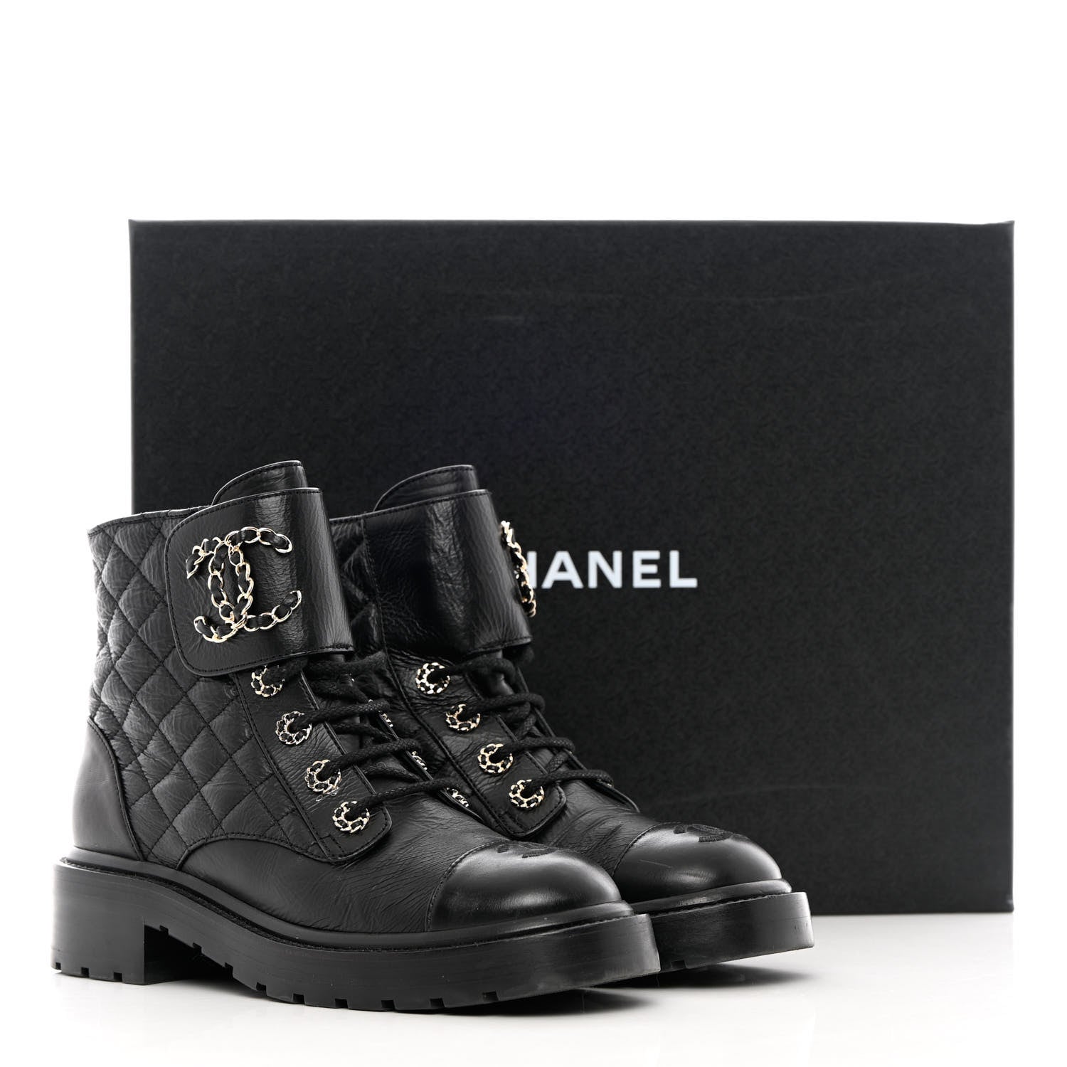 Chanel Shiny Calfskin Quilted Lace Up Combat Boots 37 Black 13 of 13