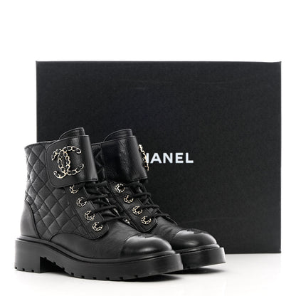 Chanel Shiny Calfskin Quilted Lace Up Combat Boots 37 Black 13 of 13
