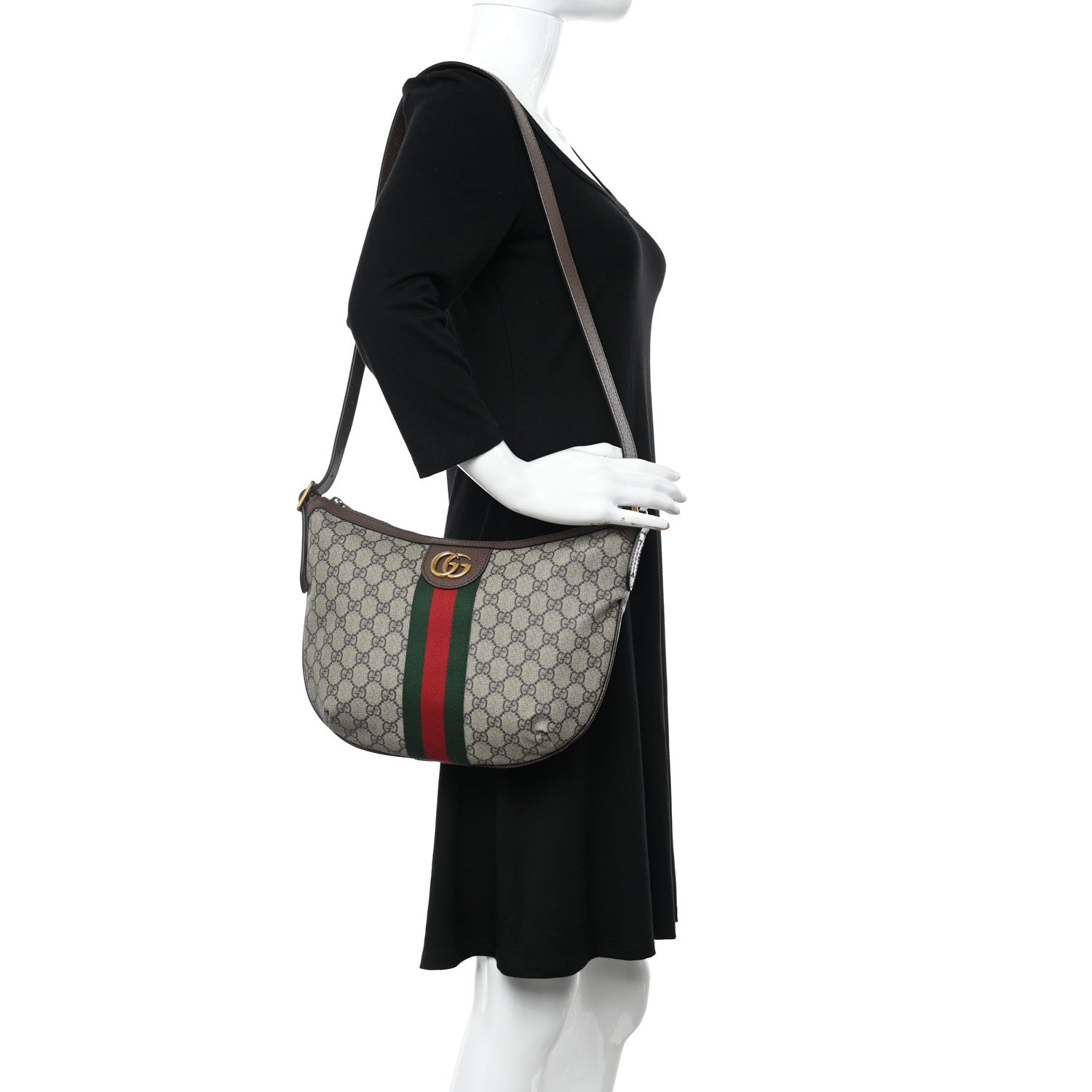 Gucci GG Supreme Monogram Textured Dollar Calfskin Web Small Ophidia Half Moon Hobo Beige Ebony New Acero 2 of 13