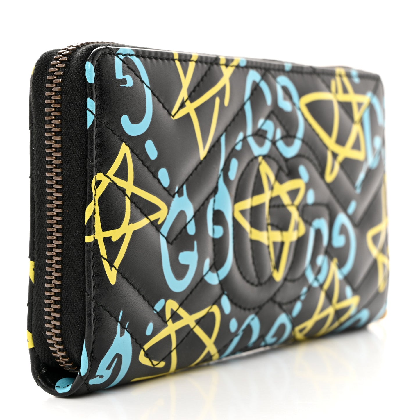 Calfskin Matelasse GucciGhost GG Marmont Zip Around Wallet Black New Acquamarine