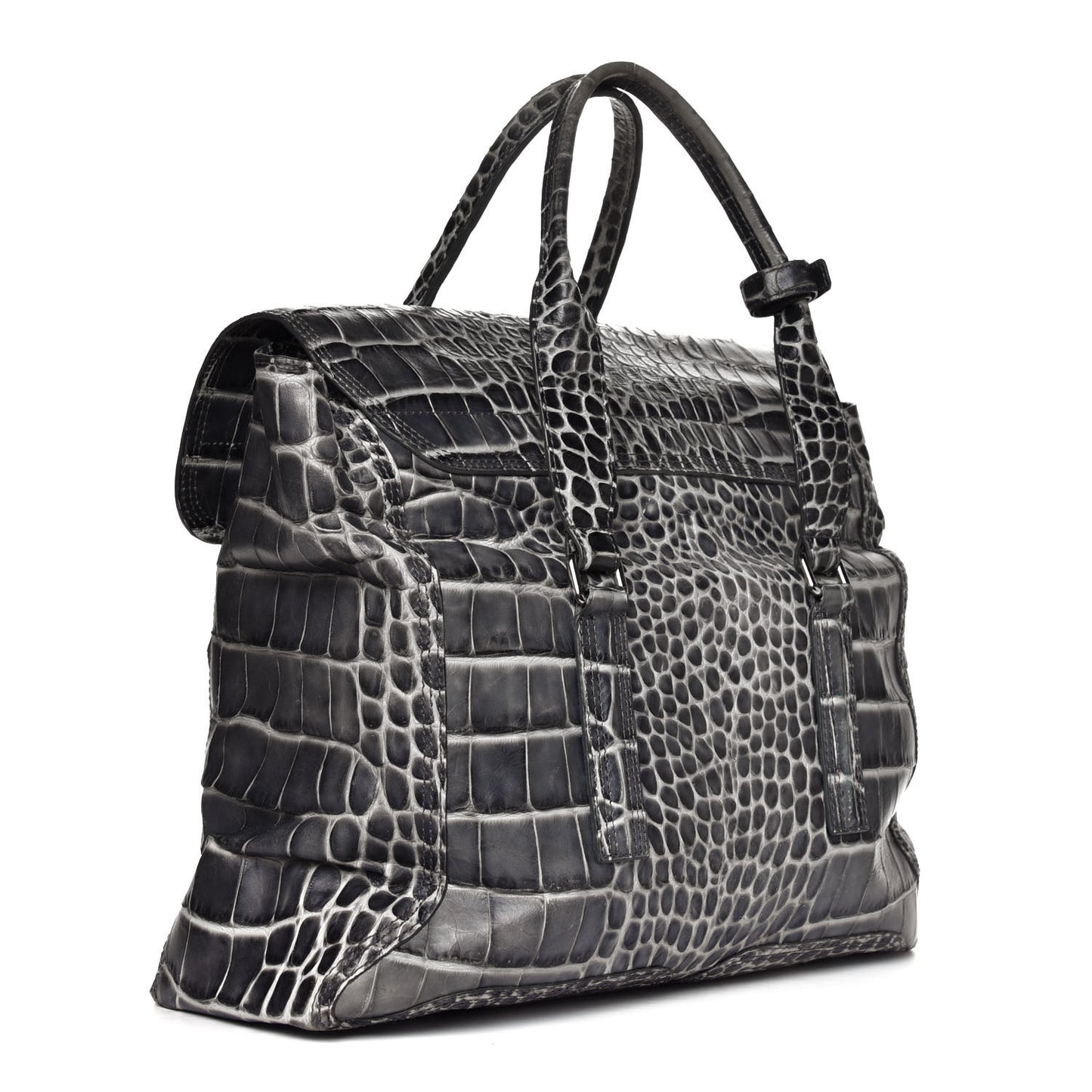 Calfskin Crocodile Embossed Large Pashli Satchel Antique Grey