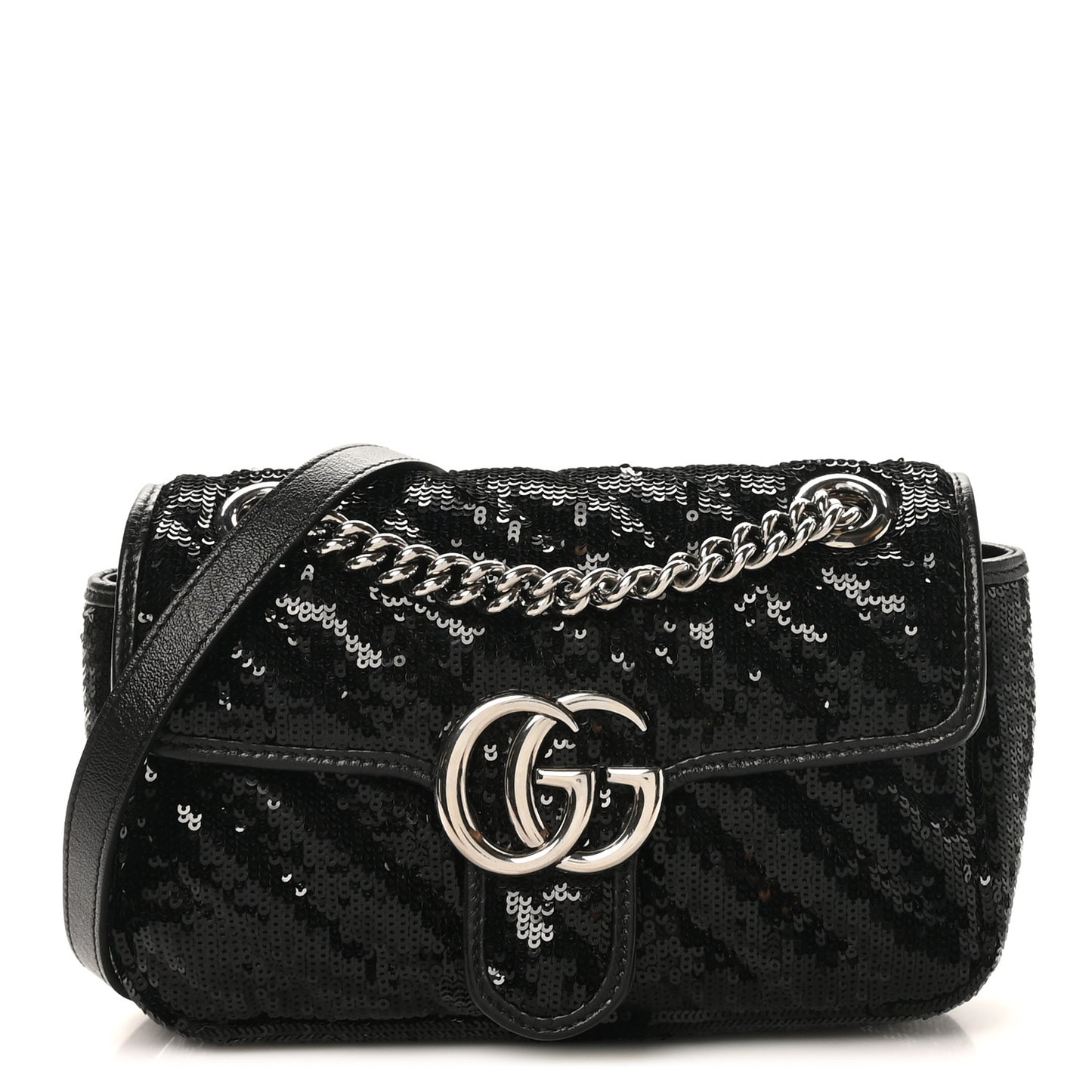 Sequin Matelasse Diagonal Mini GG Marmont Shoulder Bag Black