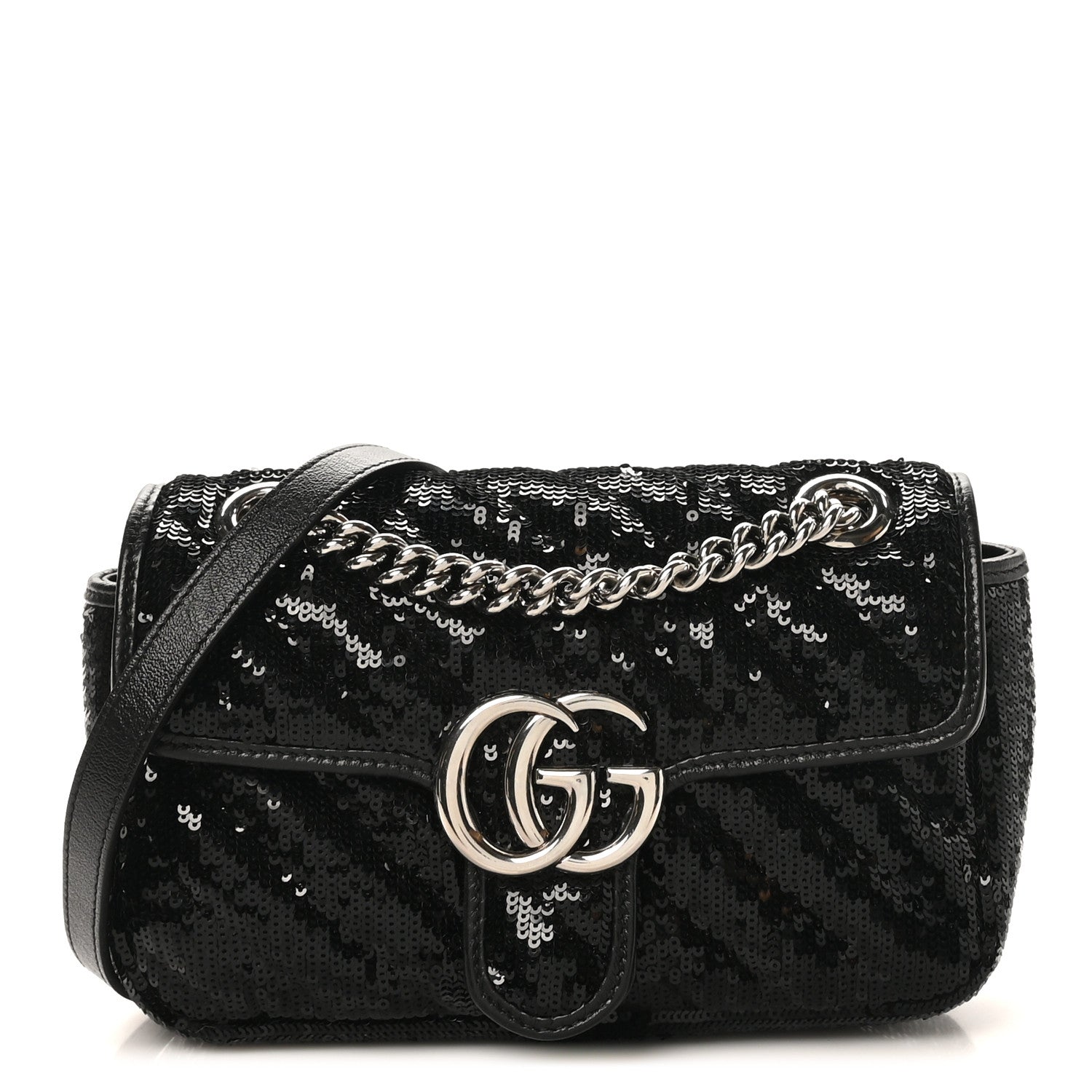 Gucci Sequin Matelasse Diagonal Mini GG Marmont Shoulder Bag Black 1 of 10
