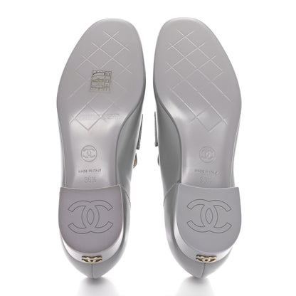 Chanel Shiny Calfskin Logo Loafers 36.5 Light Grey 6 of 10