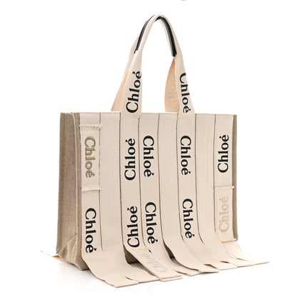 Chloe Cotton Canvas Calfskin Large Woody Logo Ribbon Tote Sand 4 of 9