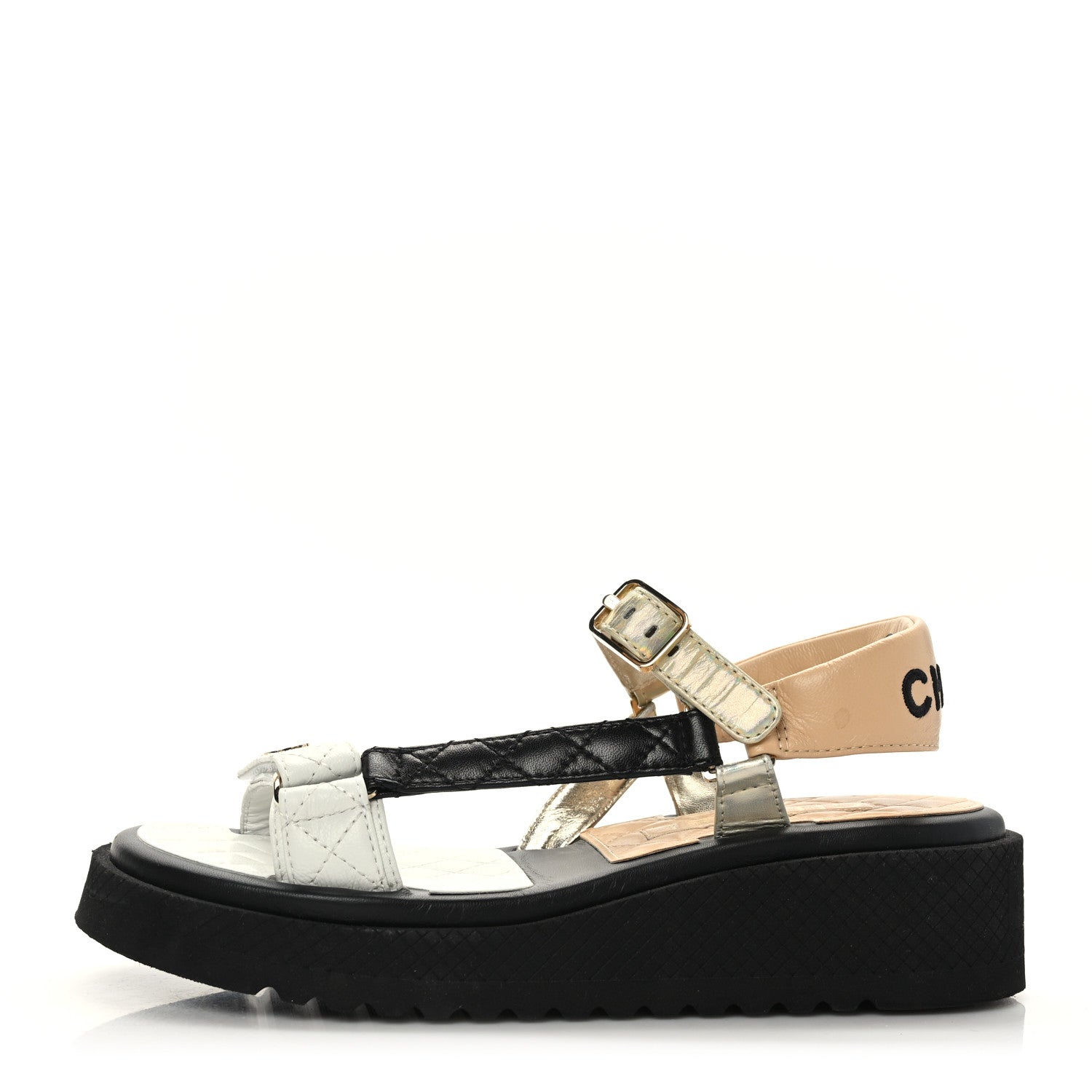 Chanel Lambskin Logo Platform Sandals 38.5 Beige Gold White 1 of 8