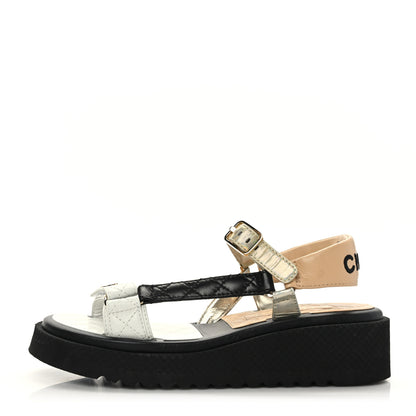 Chanel Lambskin Logo Platform Sandals 38.5 Beige Gold White 1 of 8