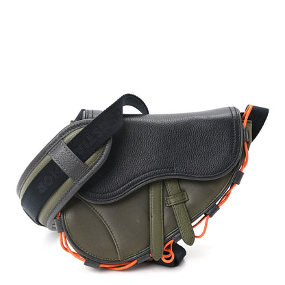 Christian Dior X SACAI Grained Calfskin Technical Fabric Mens Saddle Bag Olive Navy Blue 1 of 9