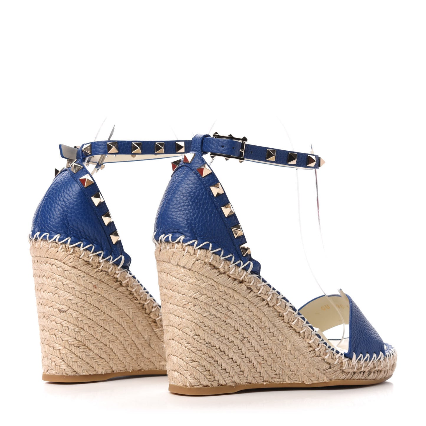 Grained Calfskin Rockstud Ankle Strap Espadrille 15/105mm Wedge Sandals 37 Blu Delft Natural