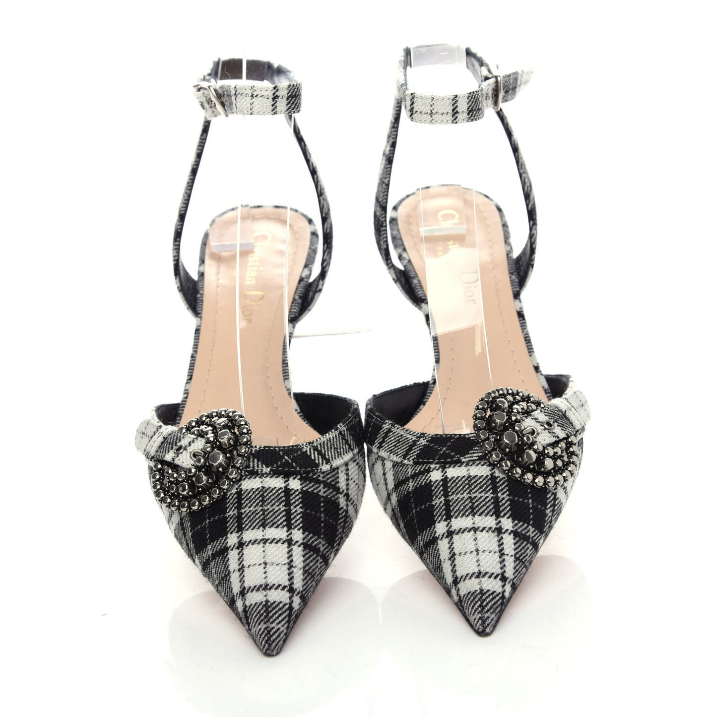 Canvas Tartan Gang Ankle Strap Slingback Pumps 36.5 Black