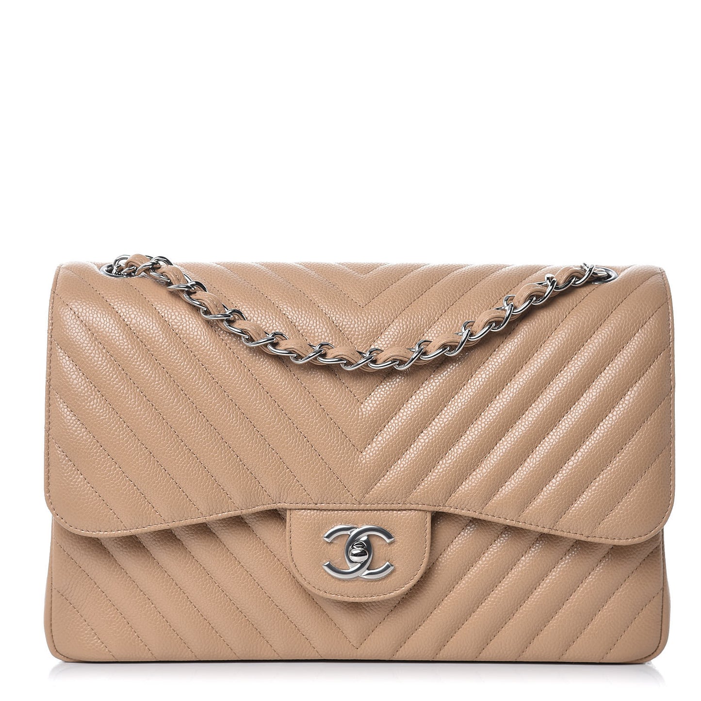 Caviar Chevron Quilted Jumbo Double Flap Beige