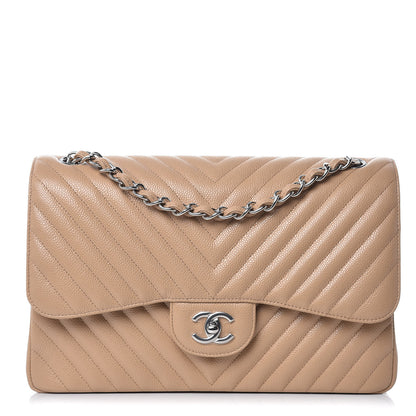 Chanel Caviar Chevron Quilted Jumbo Double Flap Beige 1 of 12