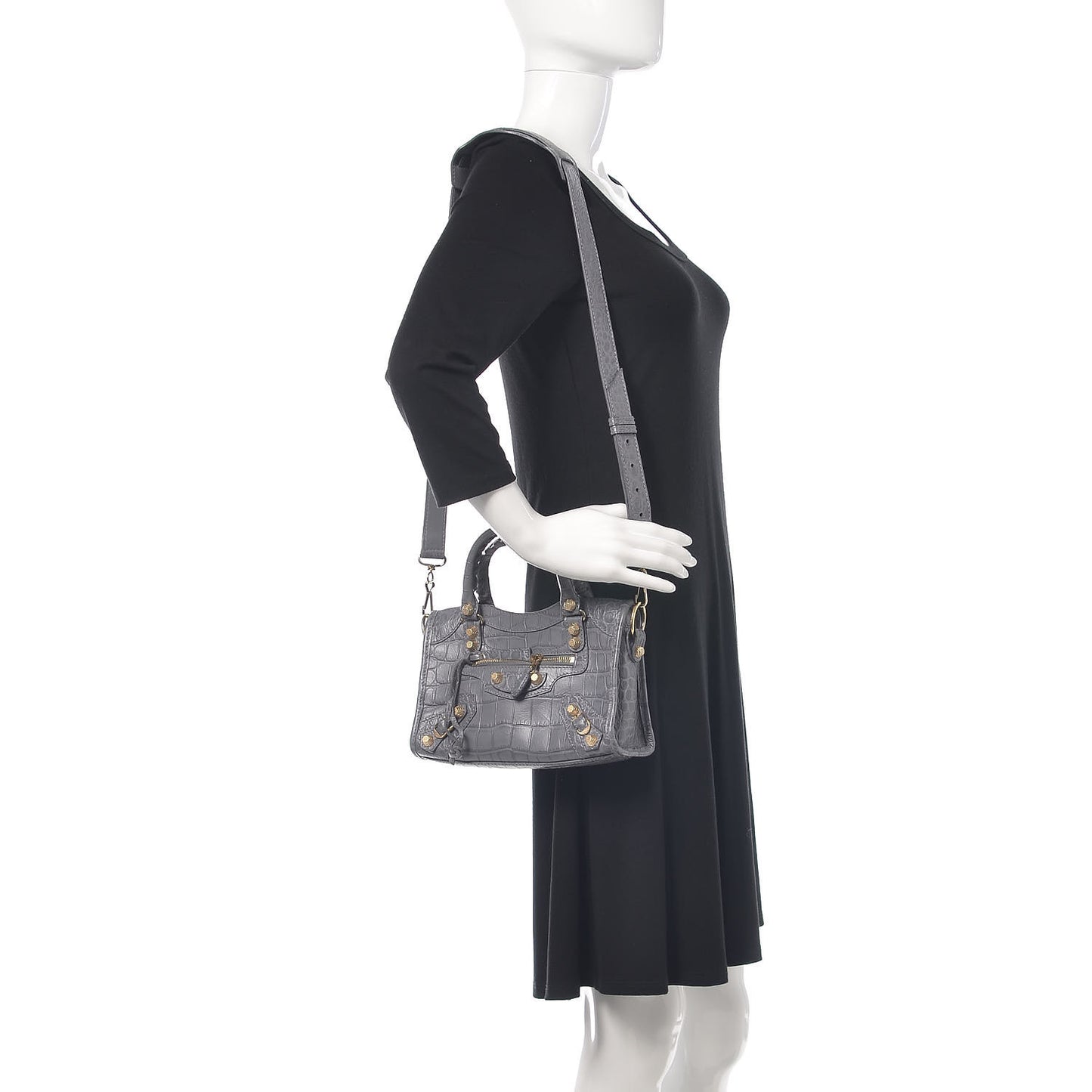 Calfskin Crocodile Embossed Giant 12 Gold Hardware Mini City Gris Beton