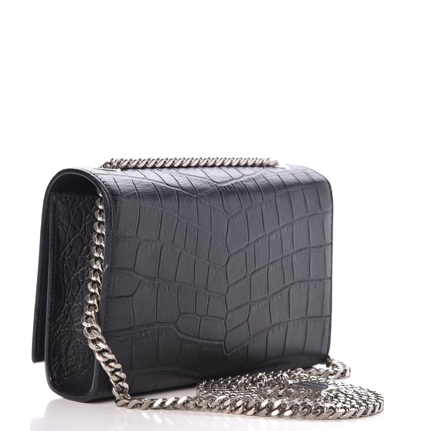 Calfskin Crocodile Embossed Monogram Small Kate Tassel Satchel Black