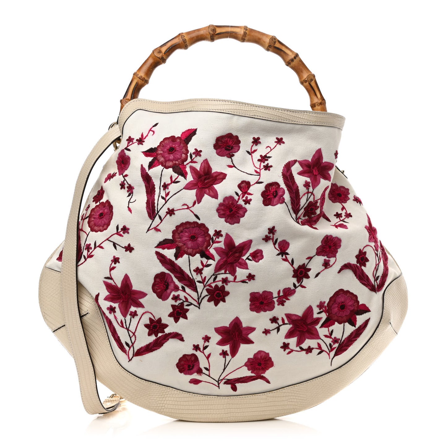 Canvas Embroidered Peggy Bamboo Top Handle Hobo White Pink