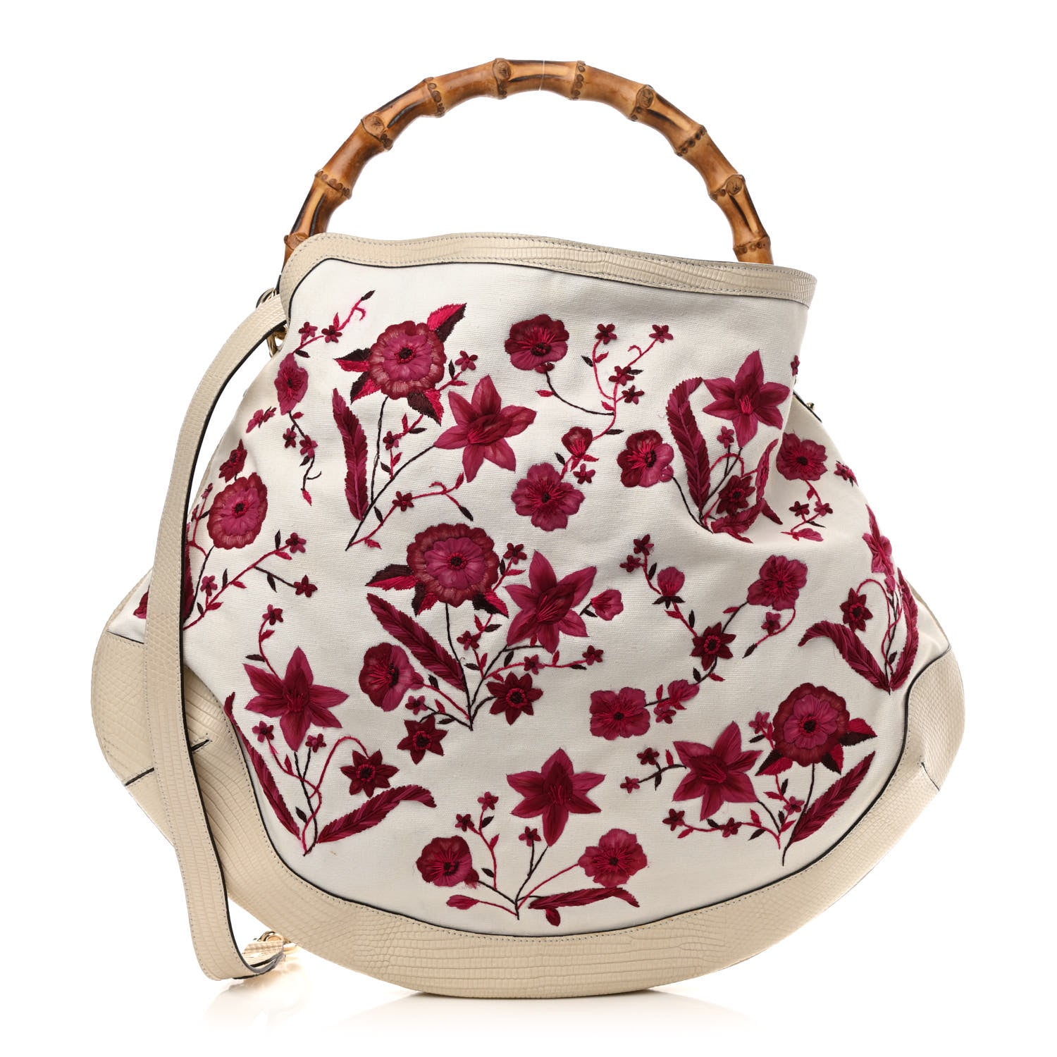 Gucci Canvas Embroidered Peggy Bamboo Top Handle Hobo White Pink 1 of 10