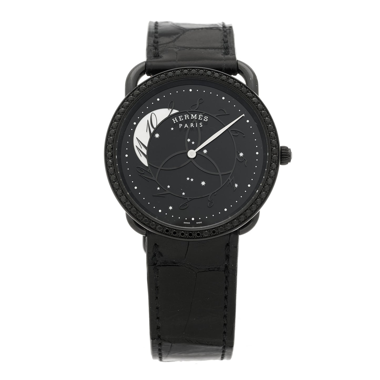PVD Stainless Steel Alligator Black Diamond 36mm Arceau Ronde Des Heures Quartz Watch Noir