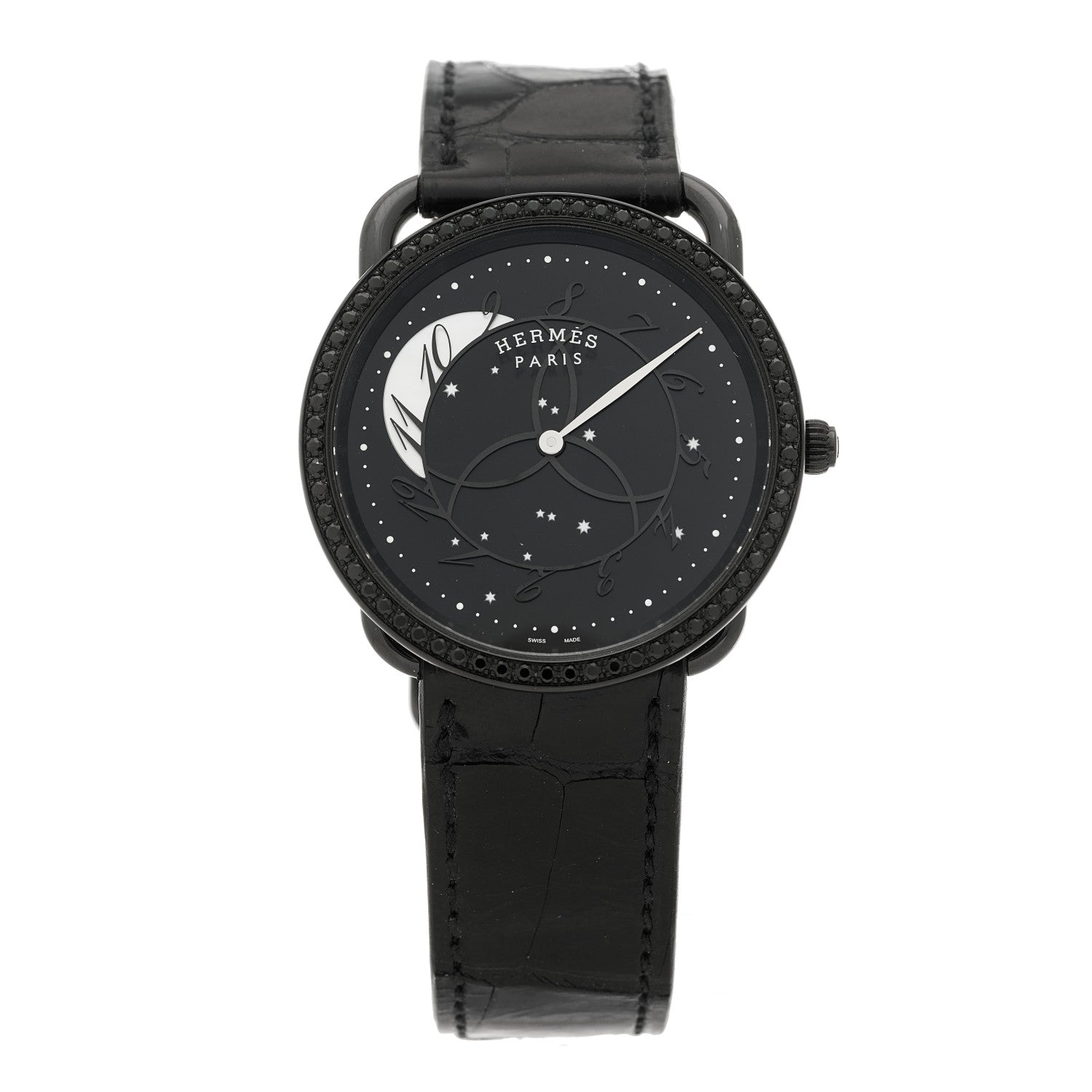 Hermes PVD Stainless Steel Alligator Black Diamond 36mm Arceau Ronde Des Heures Quartz Watch Noir 2 of 8