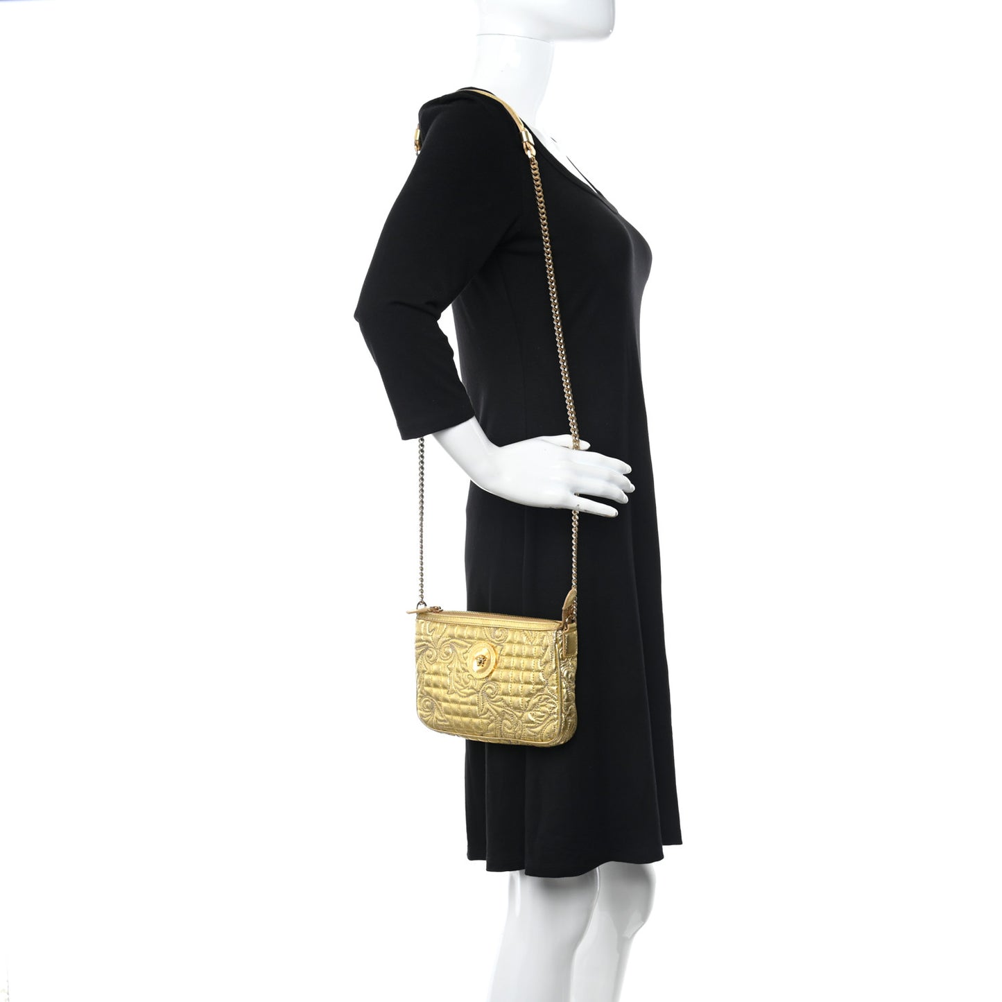 Metallic Nappa Barocco Quilted Medusa Chain Crossbody Gold