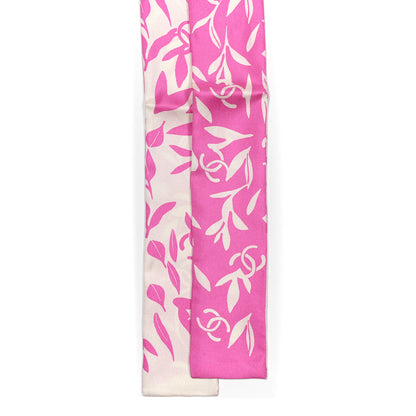 Chanel Silk Leaf CC Slim Bandeau Scarf Pink White 2 of 7