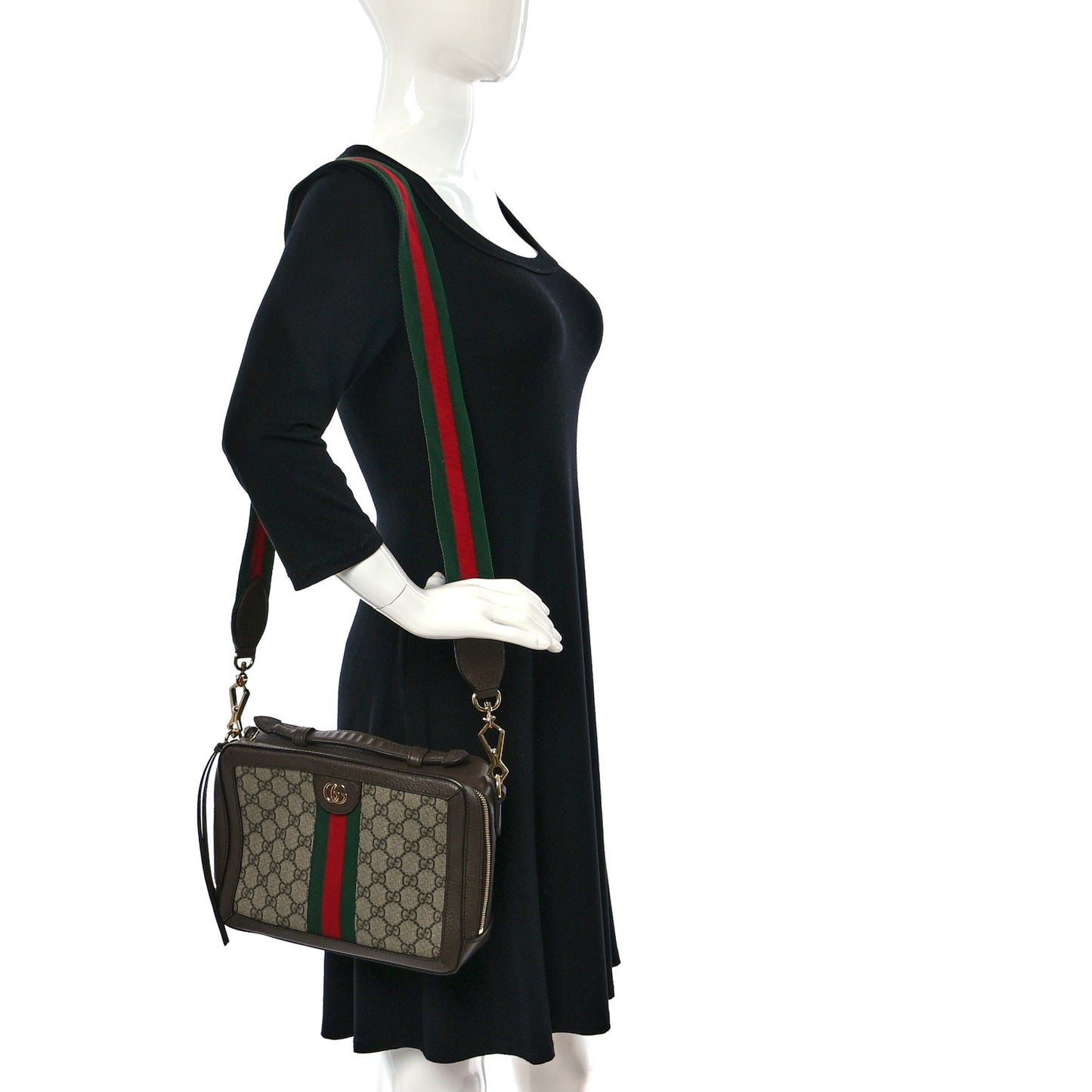 GG Supreme Monogram Web Small Ophidia Top Handle Shoulder Bag Brown