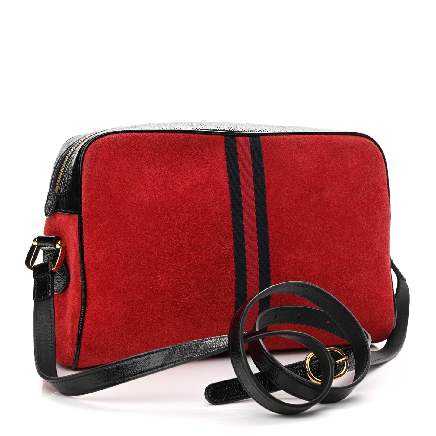 Suede Patent Web Small Ophidia Shoulder Bag Hibiscus Red Black