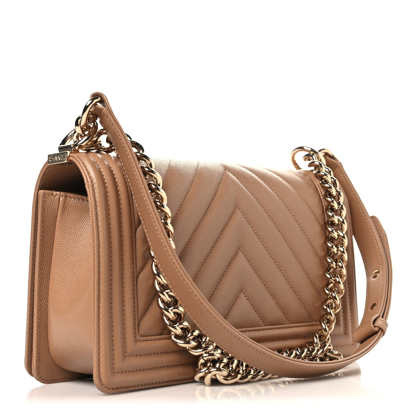 Caviar Chevron Quilted Medium Boy Flap Beige