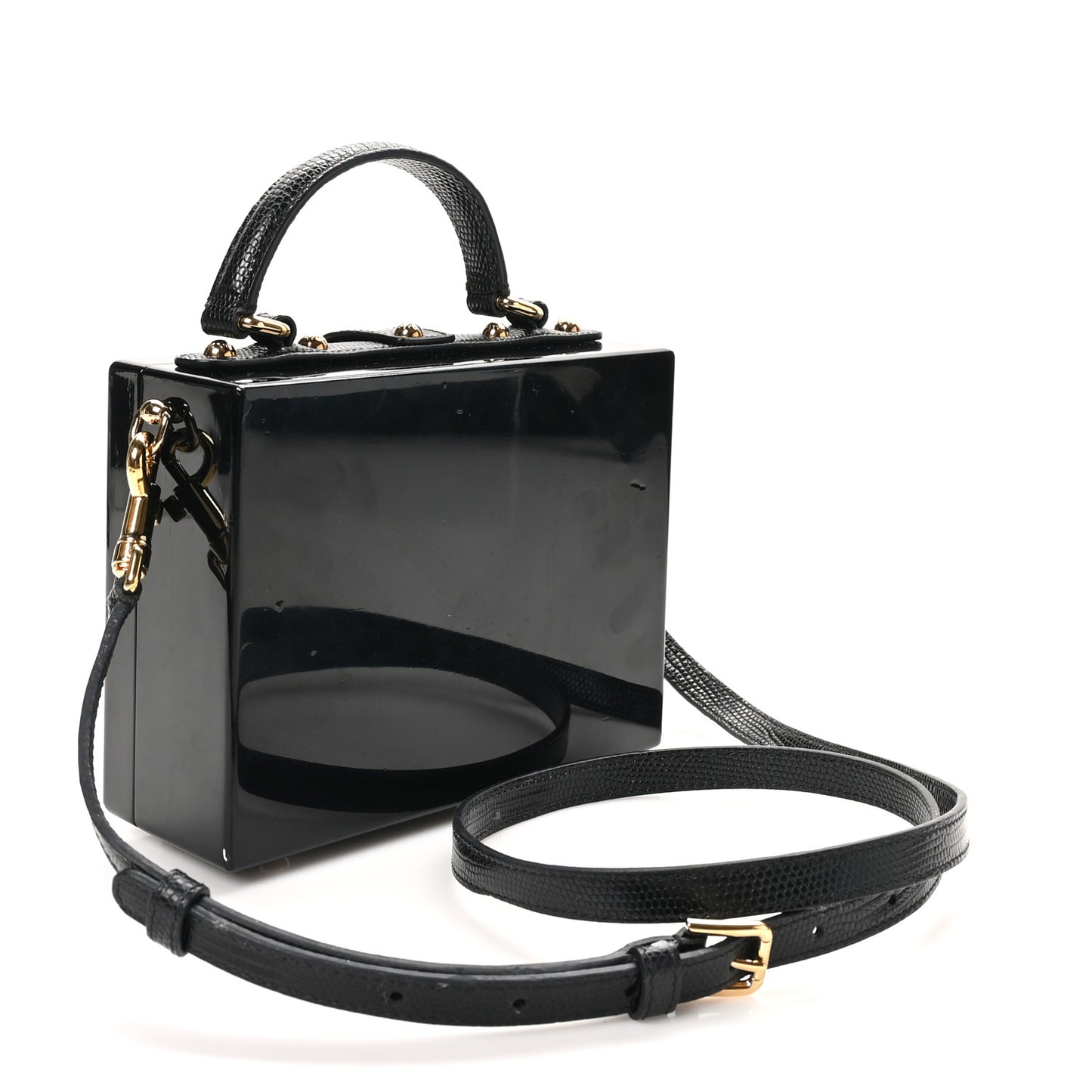 Plexiglass Calfskin Lizard Embossed Floral Box Bag Black