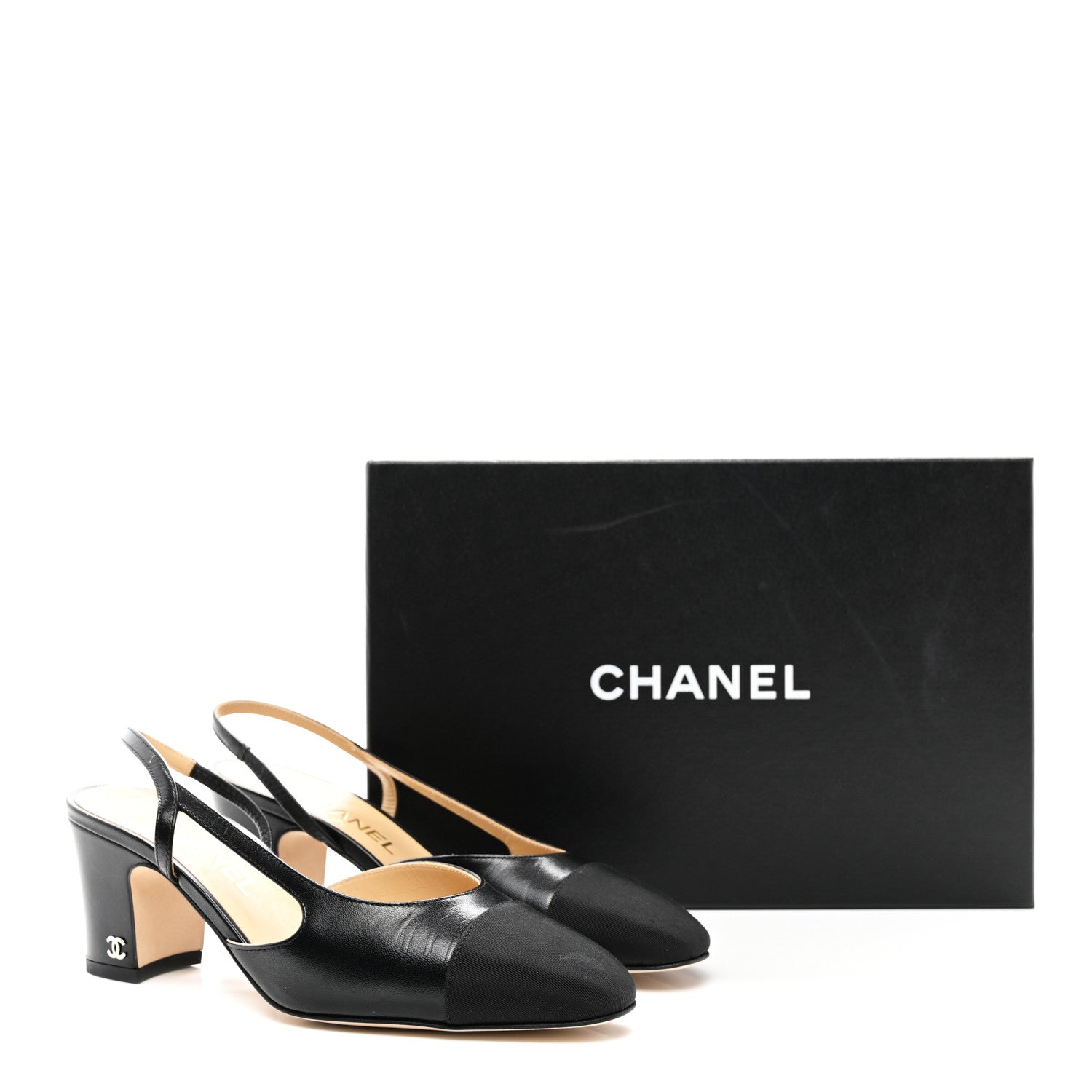 Chanel Goatskin Grosgrain Cap Toe CC Slingback Pumps 37.5 Black 9 of 9