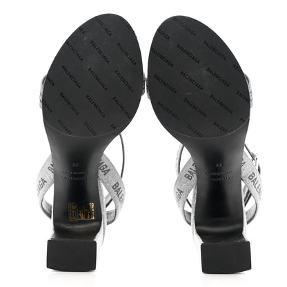 Balenciaga Glitter Allover Logo Ankle Strap Round Heel 80mm Sandals 39 Silver Black 5 of 14