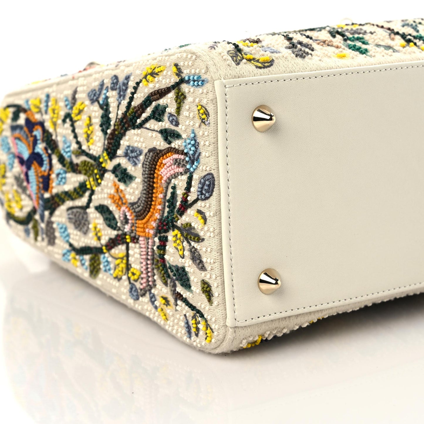 Calfskin Embroidered Medium Lady Dior White Multicolor