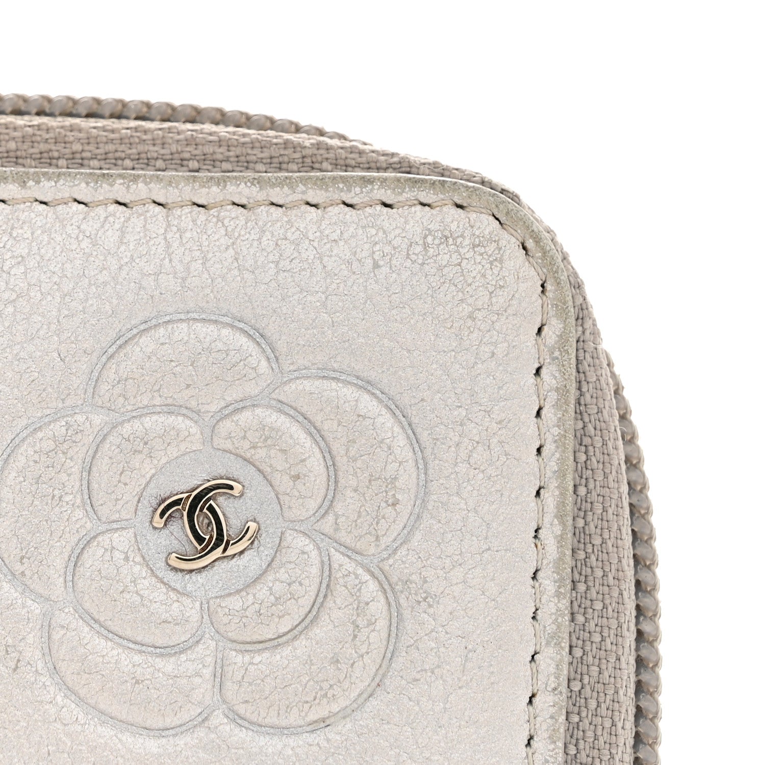 Chanel Metallic Goatskin Camellia Embossed Zip Around Wallet Silver 9 of 10
