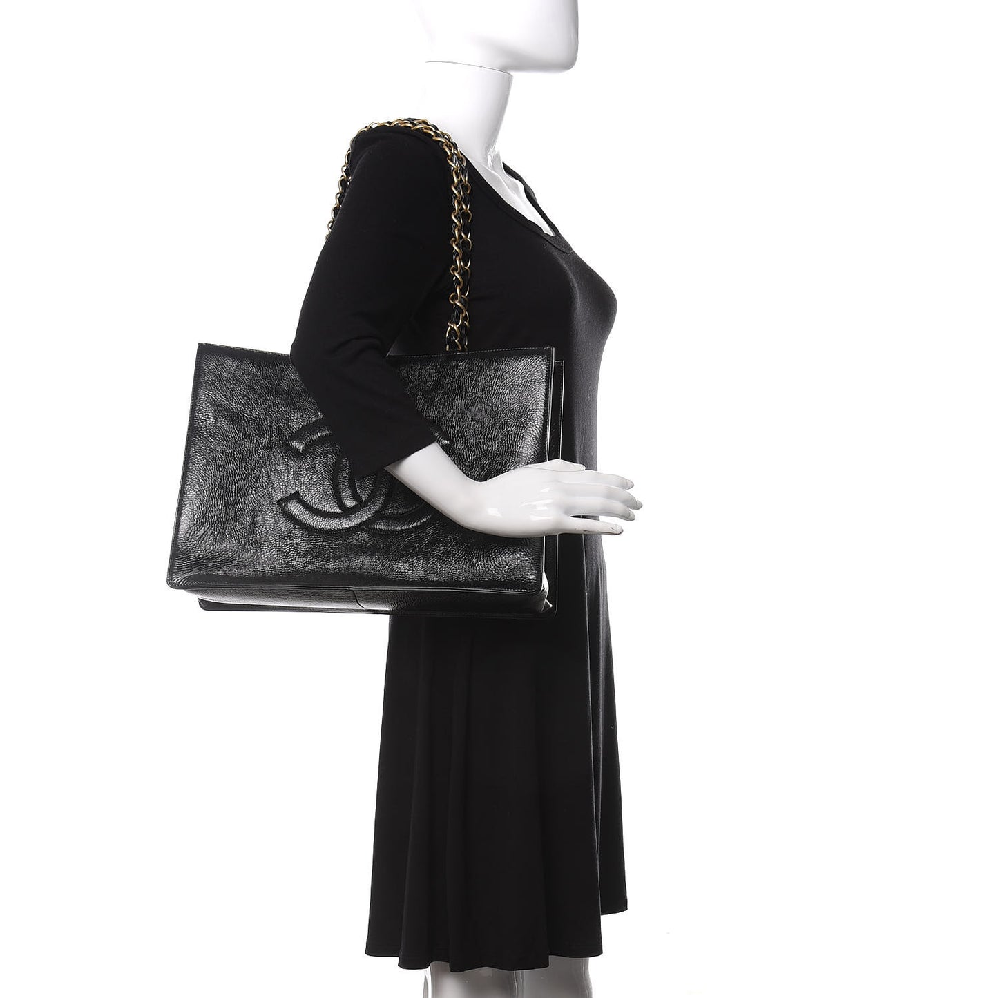 Shiny Aged Calfskin Shopping Bag Black