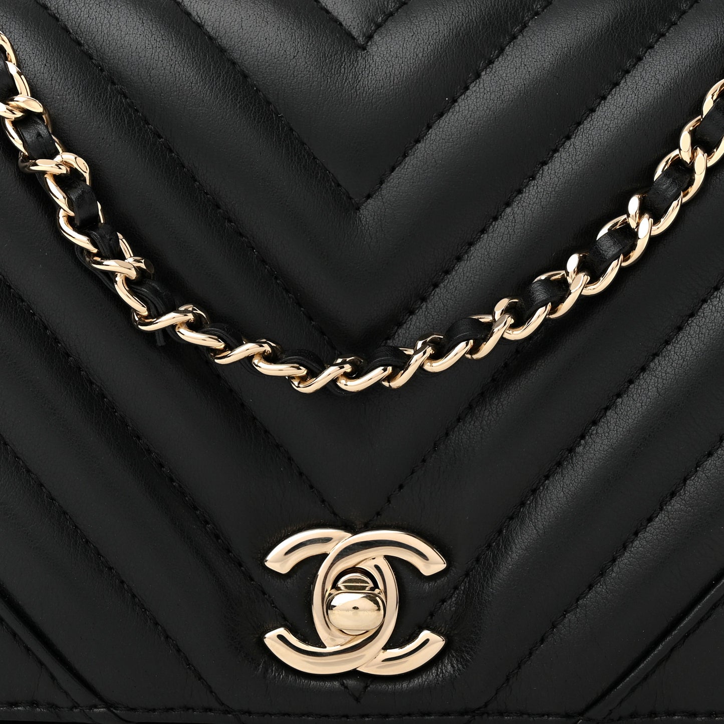 Calfskin Chevron Quilted Mini Statement Flap Black