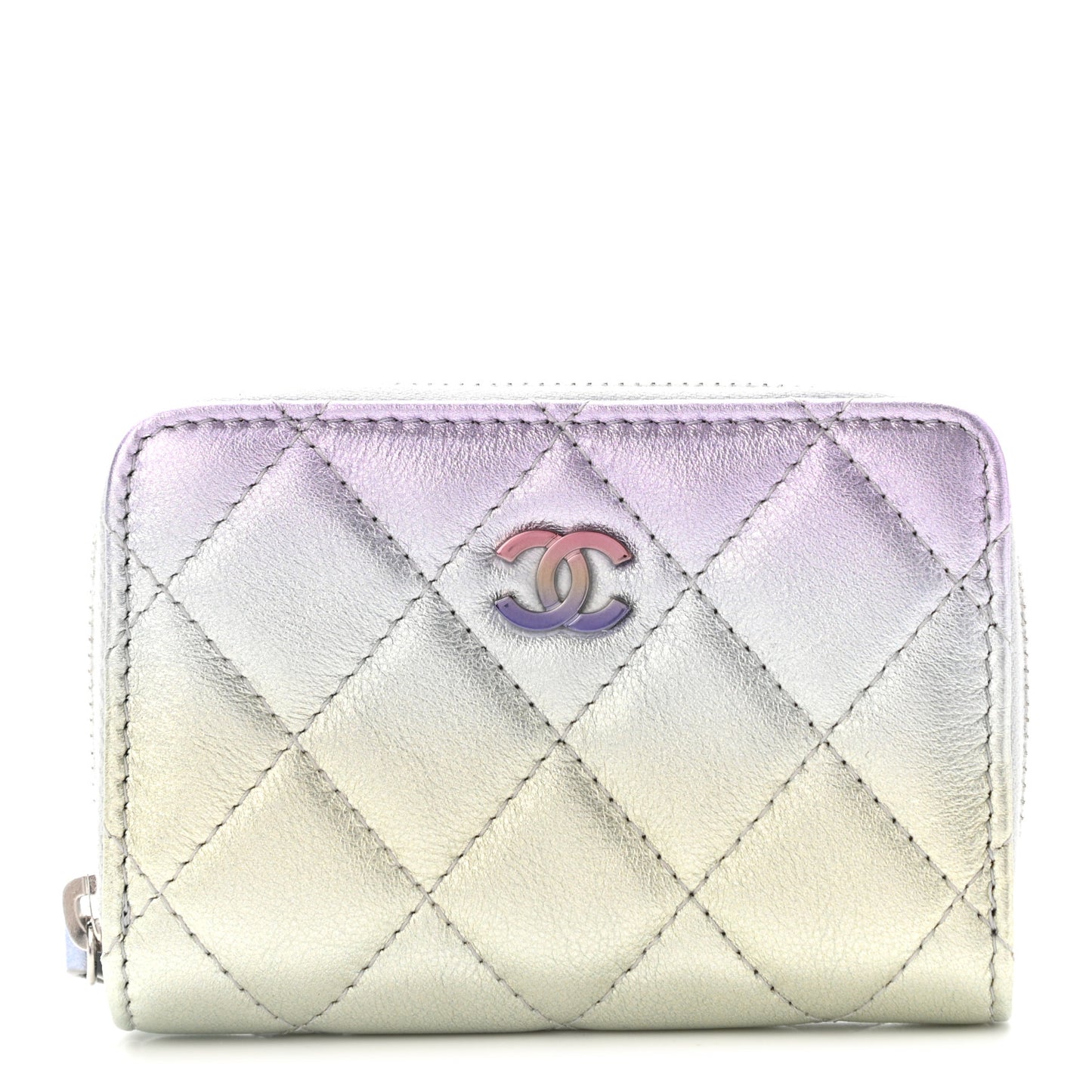 Gradient Metallic Calfskin Quilted Zip Around Coin Purse Wallet Silver Blue Yellow Purple