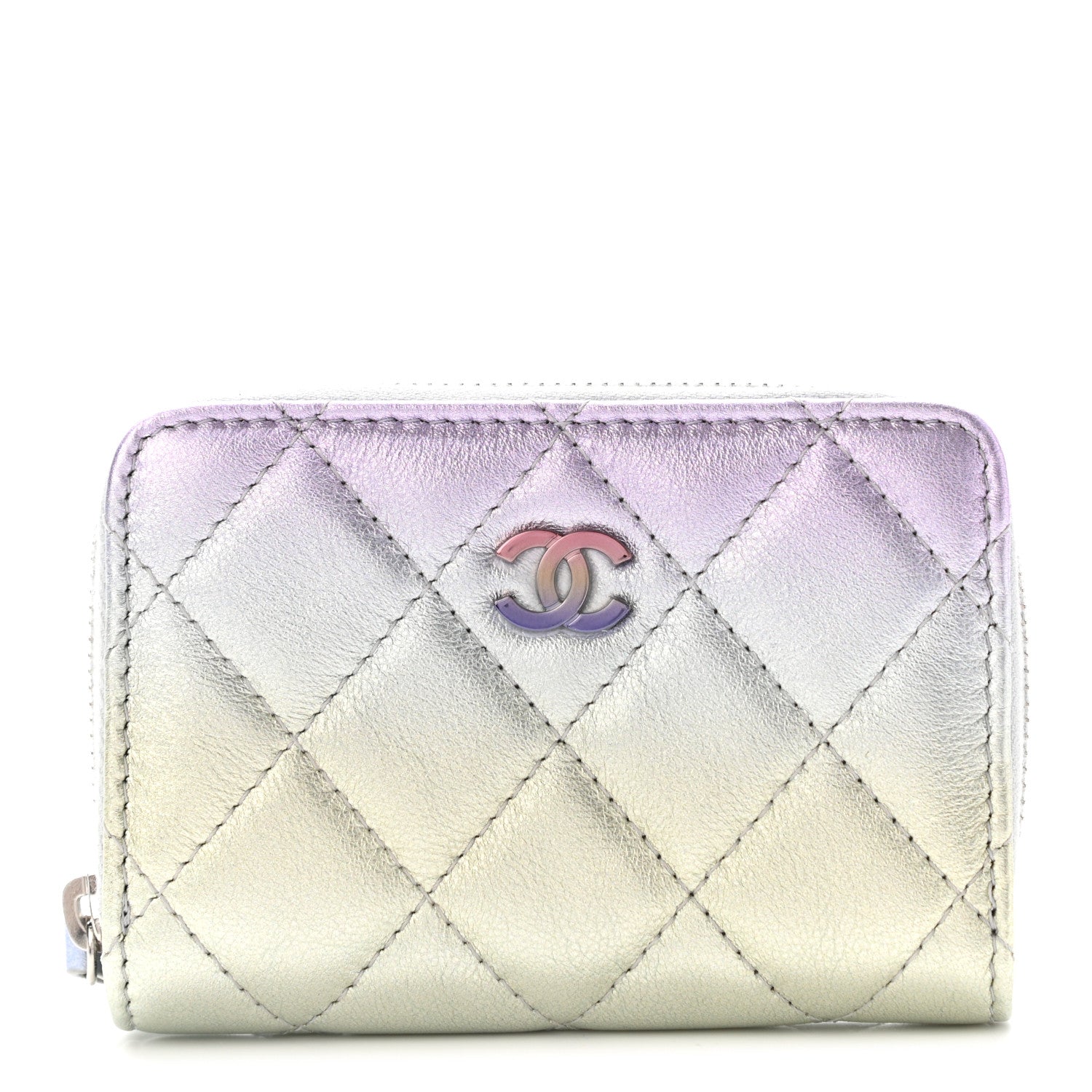 Chanel Gradient Metallic Calfskin Quilted Zip Around Coin Purse Wallet Silver Blue Yellow Purple 1 of 7