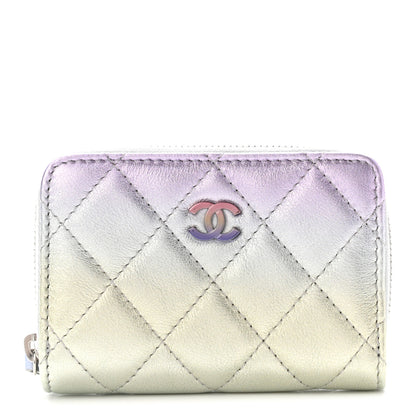 Chanel Gradient Metallic Calfskin Quilted Zip Around Coin Purse Wallet Silver Blue Yellow Purple 1 of 7