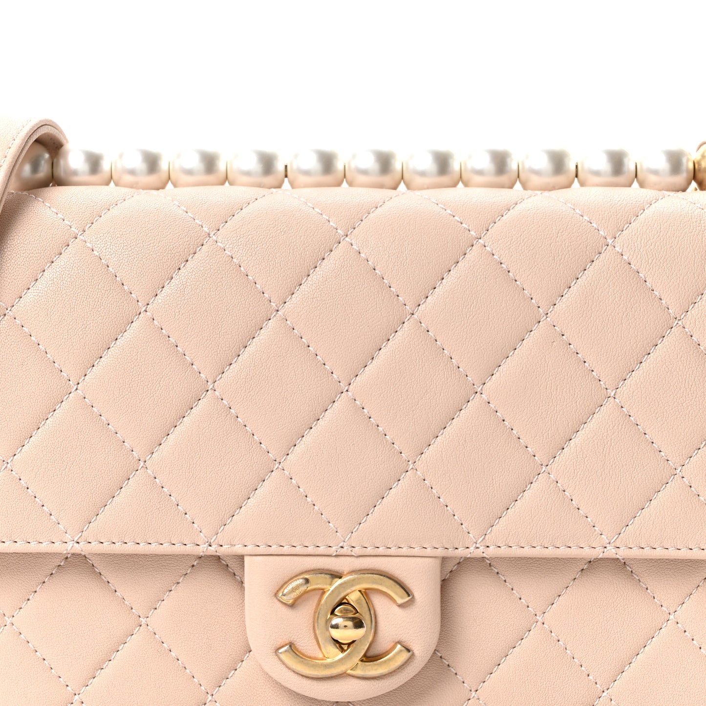 Goatskin Quilted Small Chic Pearls Flap Beige