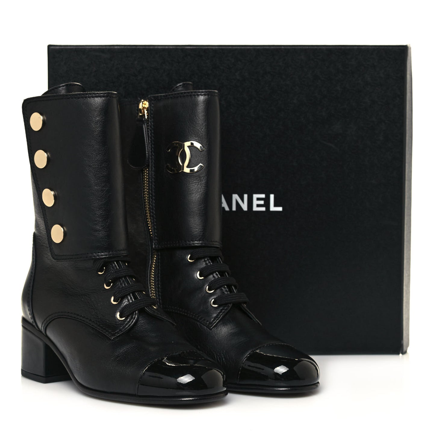 Calfskin Patent Cap Toe Boots 36.5 Black