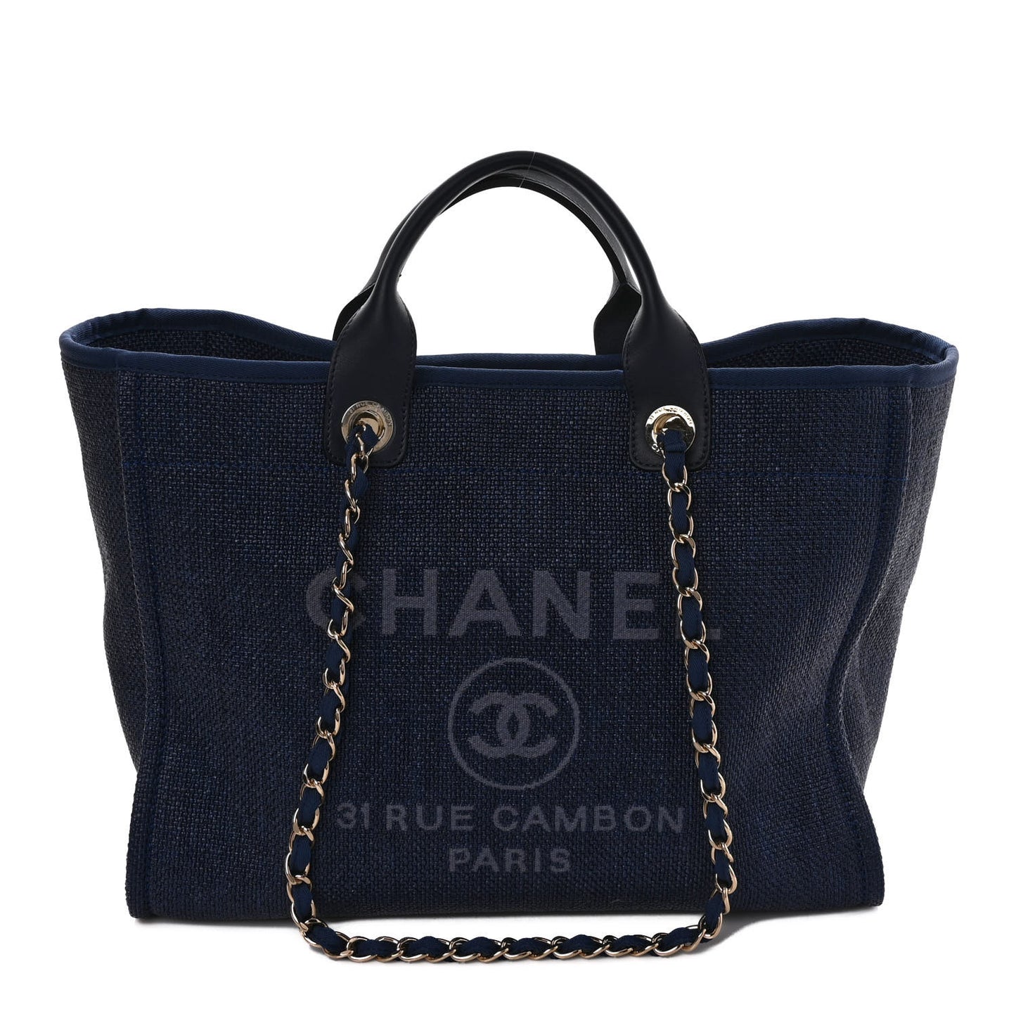 Woven Straw Raffia Medium Deauville Tote Navy