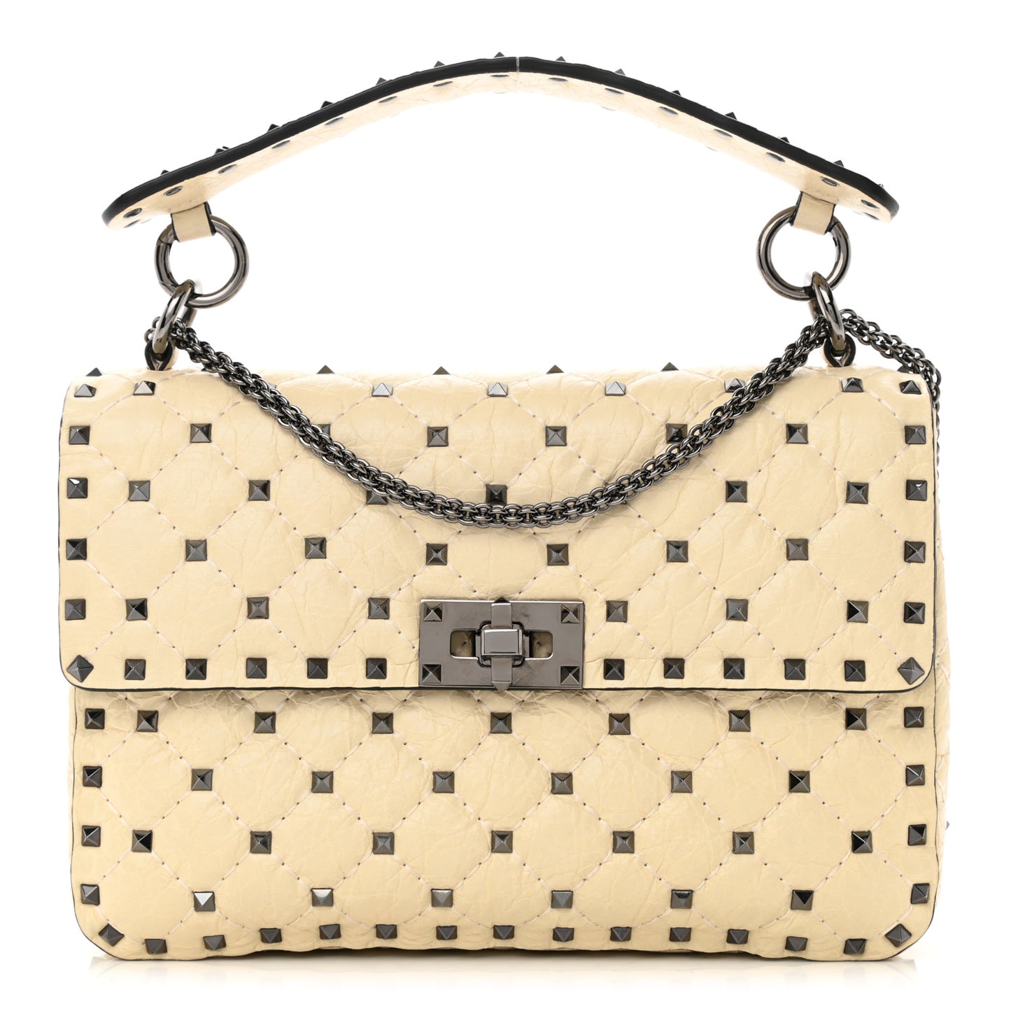 Craquele Nappa Medium Rockstud Spike Shoulder Bag Light Ivory