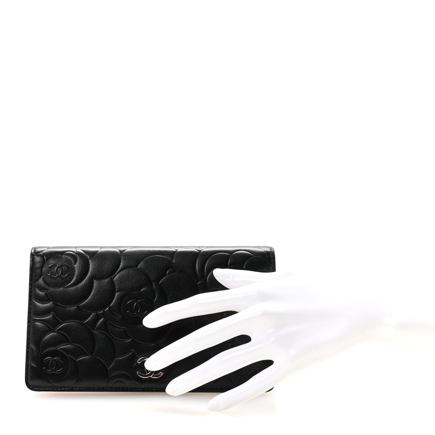 Lambskin Camellia Embossed Yen Wallet Black