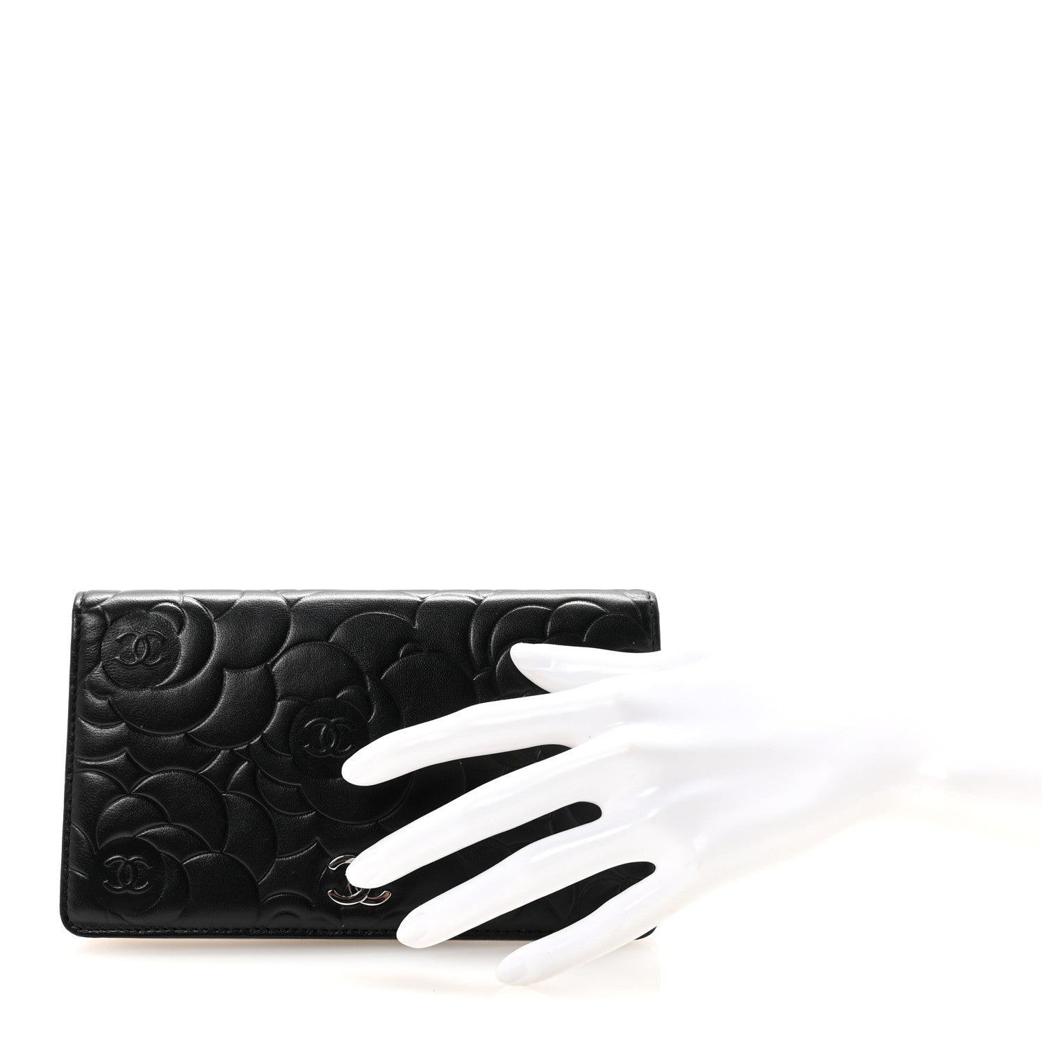 Chanel Lambskin Camellia Embossed Yen Wallet Black 2 of 7