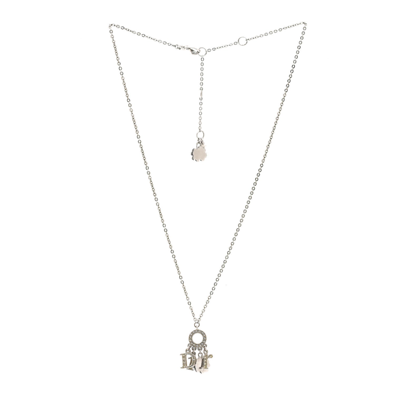 Christian Dior Metal Crystal Logo Clover Necklace Silver 3 of 6