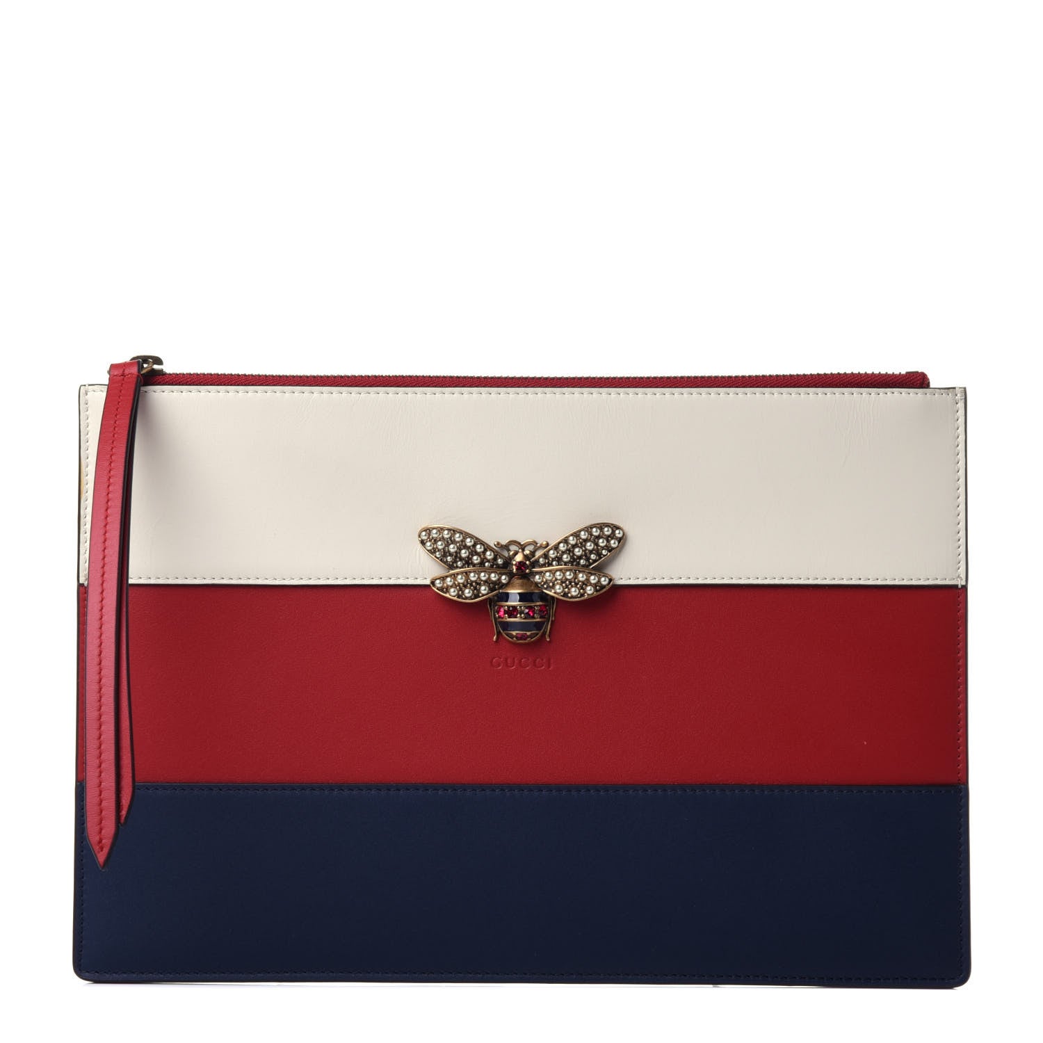 Gucci Calfskin Striped Oversized Bee Zip Pouch White Blue Hibiscus Red 1 of 11