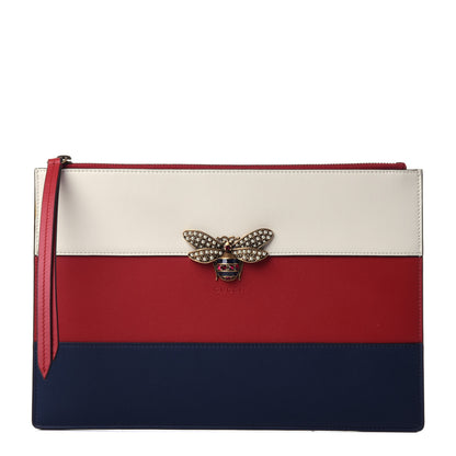 Gucci Calfskin Striped Oversized Bee Zip Pouch White Blue Hibiscus Red 1 of 11