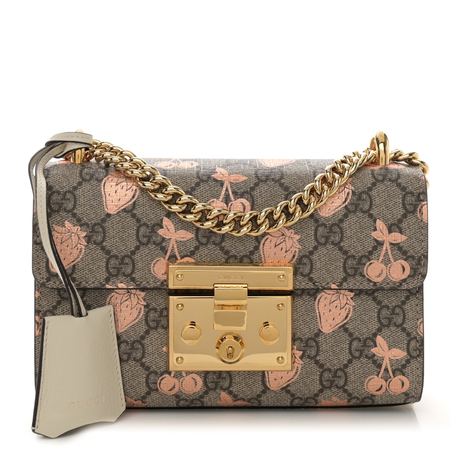 GG Supreme Monogram Berry Textured Dollar Calfskin Small Padlock Shoulder Bag Beige Ebony Light Copper Mystic White