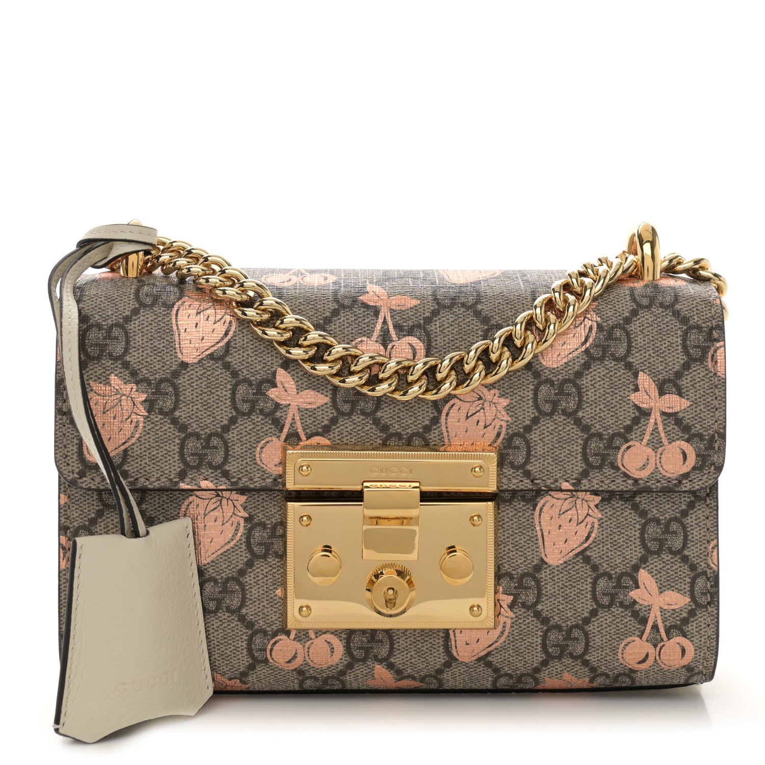 Gucci GG Supreme Monogram Berry Textured Dollar Calfskin Small Padlock Shoulder Bag Beige Ebony Light Copper Mystic White 1 of 11