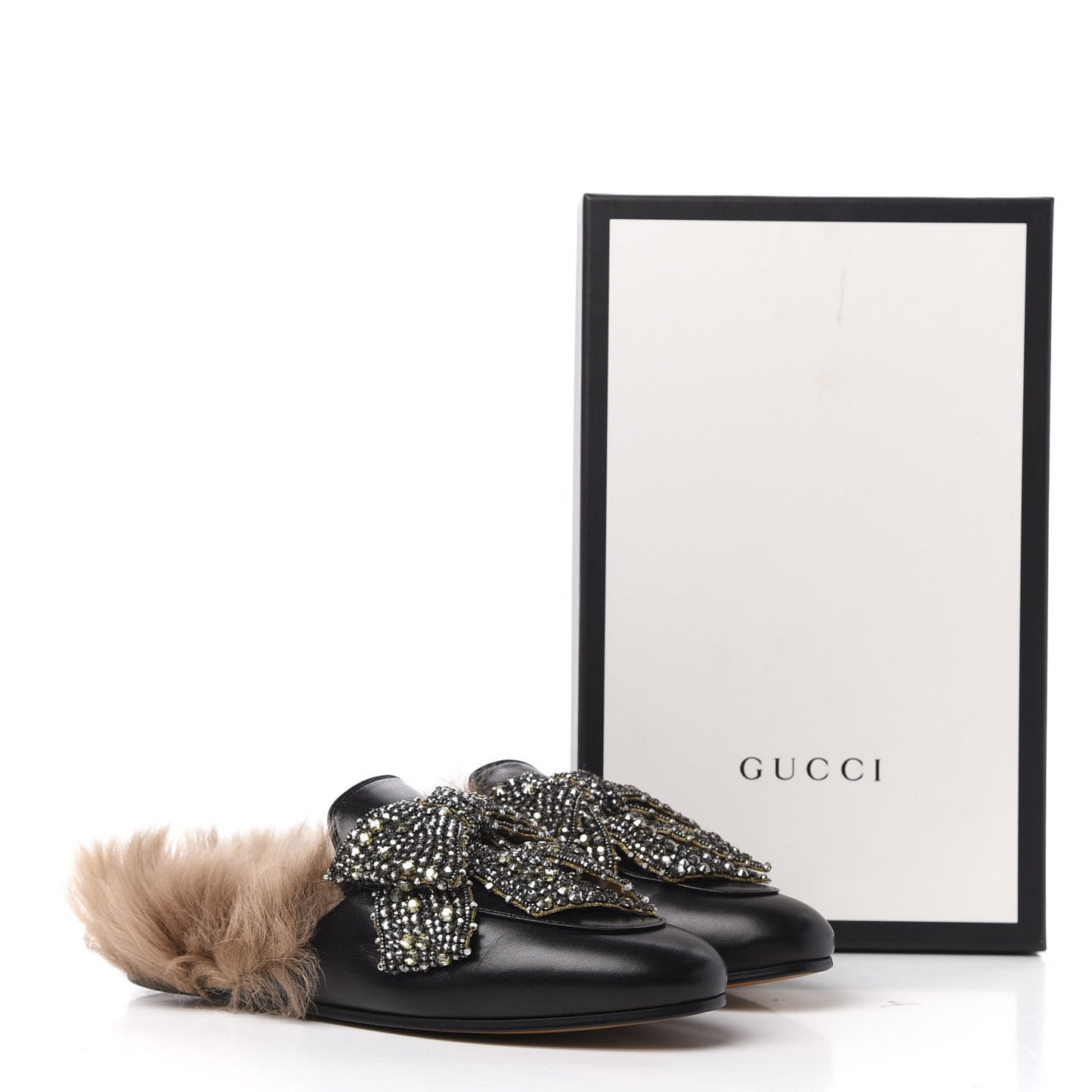 Malaga Kid Fur Crystal Bow Embroidered Womens Princetown Slippers 38 Black